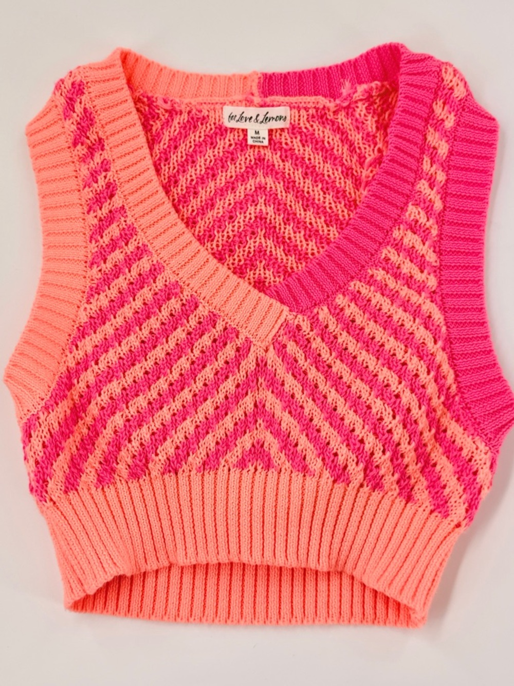 For Love & Lemons Sweater Vest Cropped Pink Orange Chevron Knit V Neck Size M
